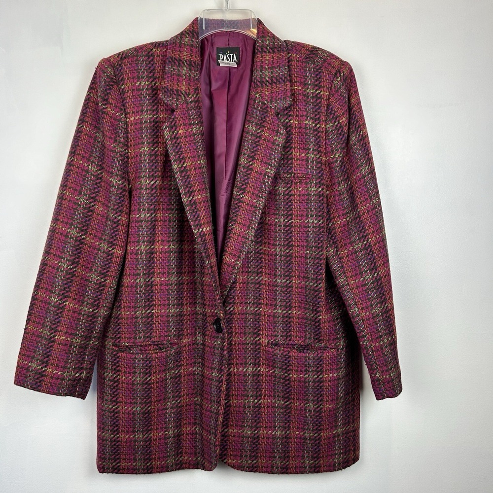 Tweed Vtg Blazer Womens L Preppy Academia Jacket One Button Oversized Plaid